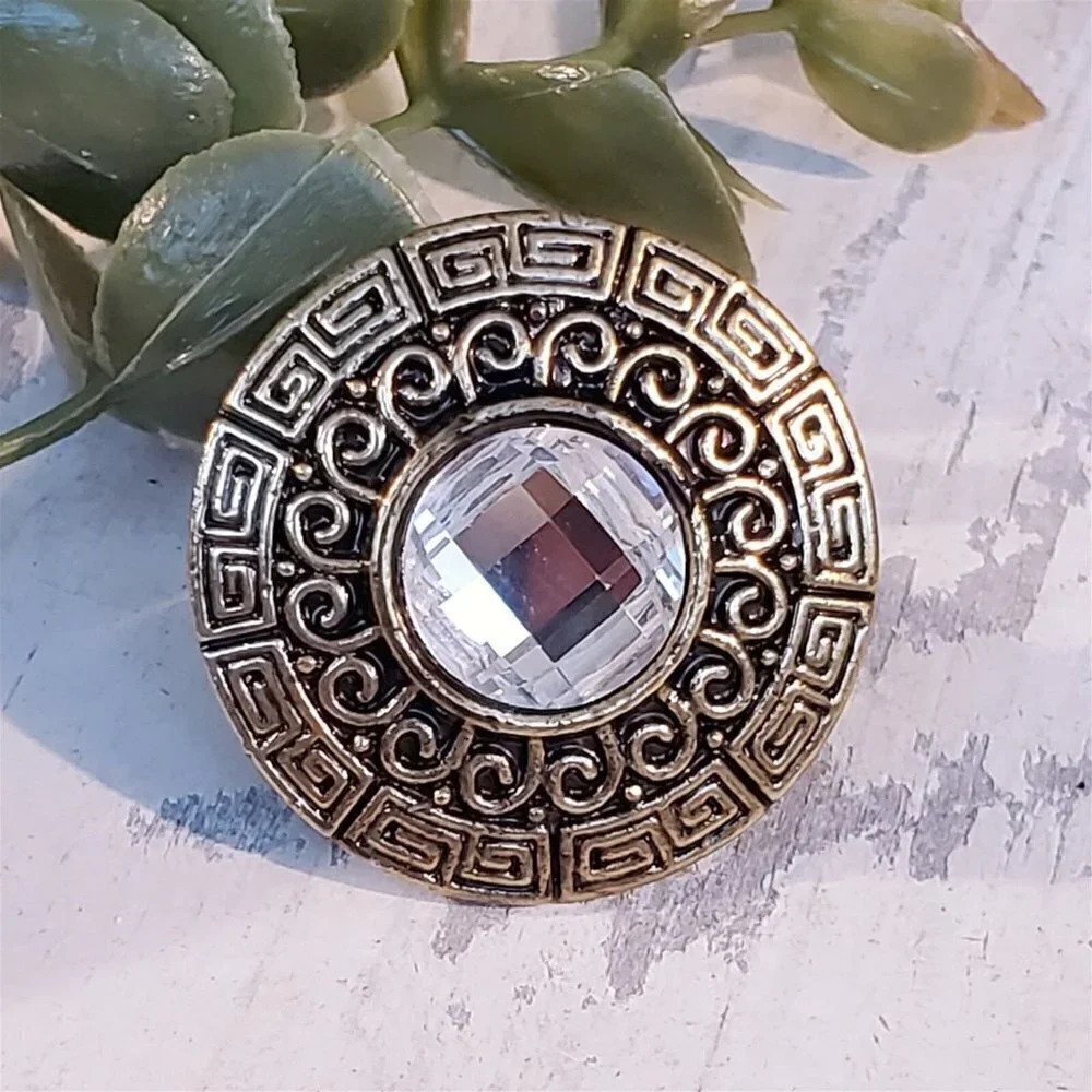 Y2K Bronze Clear Faceted Crystal Round Greek Key Cocktail Ring Vintage Grunge